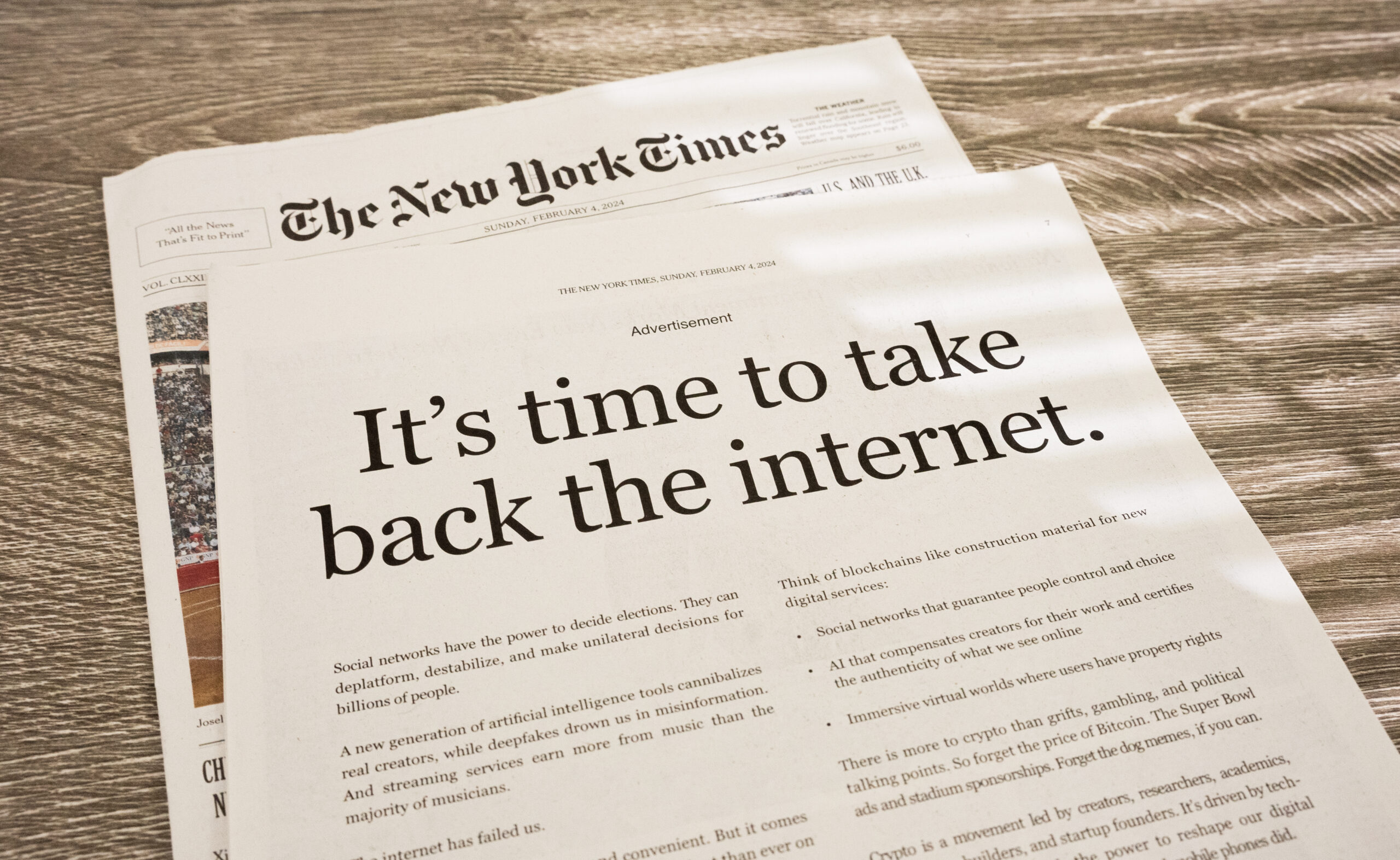 New York Times crypto ad with the headline "It's time to take back the internet"