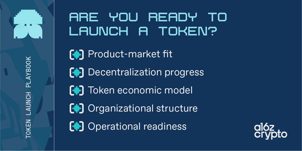 Checklist for token readiness: Product-market fit, Decentralization progress, Token economic model, organizational structure, operational readiness